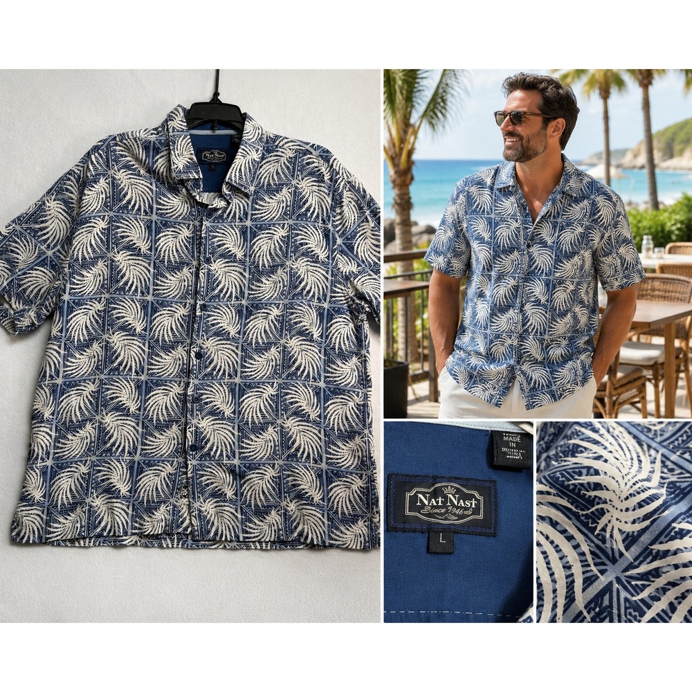 Nat Nast Mens Silk Cotton Blue Palm Leaf Print Short Sleeve Button Down Shirt L